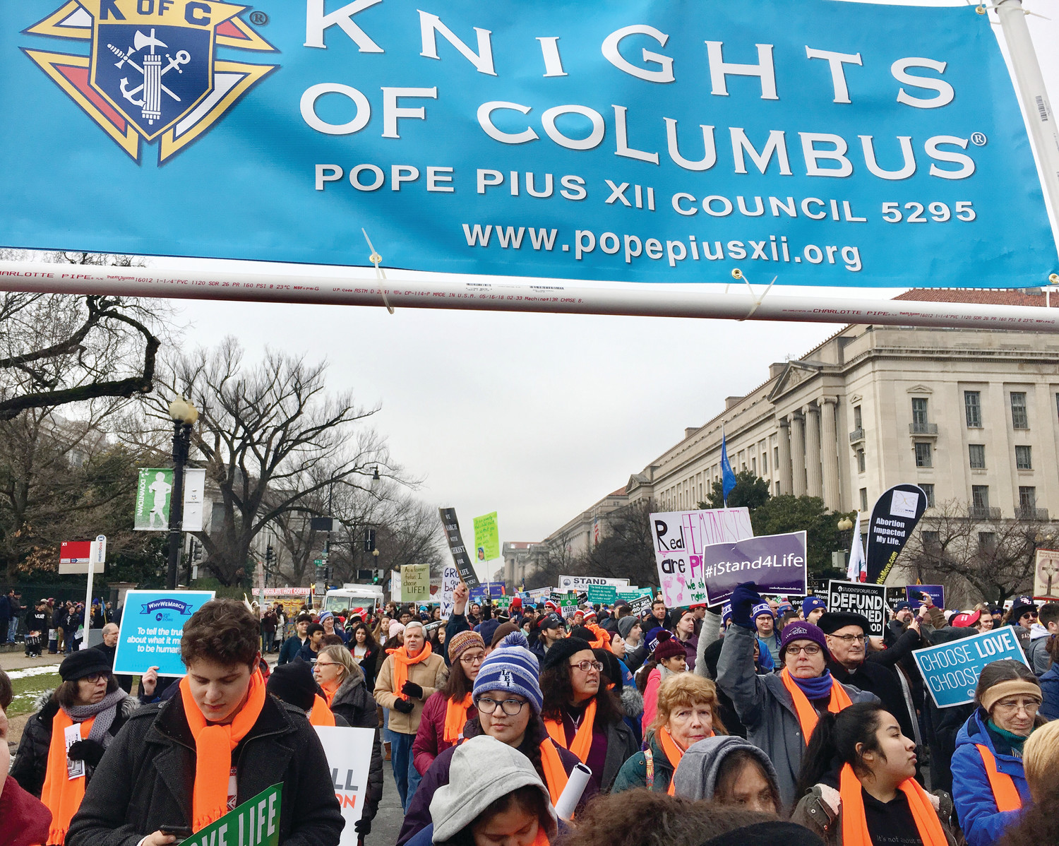 Members of the Diocese of Providence delegation march down Pennsylvania Avenue on their way to the U.S. Capitol and Supreme Court. Individuals from parishes throughout the diocese took part in the March including St. Mary’s (Broadway), 
St. Patrick, St. Luke, St. Thomas More and St Pius X.